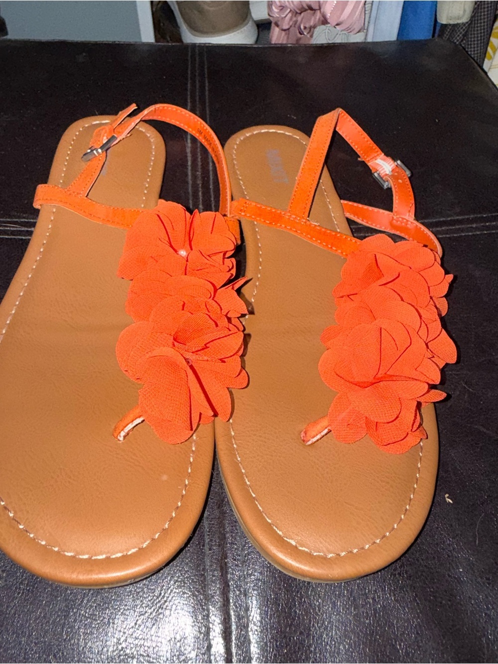Mix It Orange Floral T-Strap Sandals with Tan Footbed